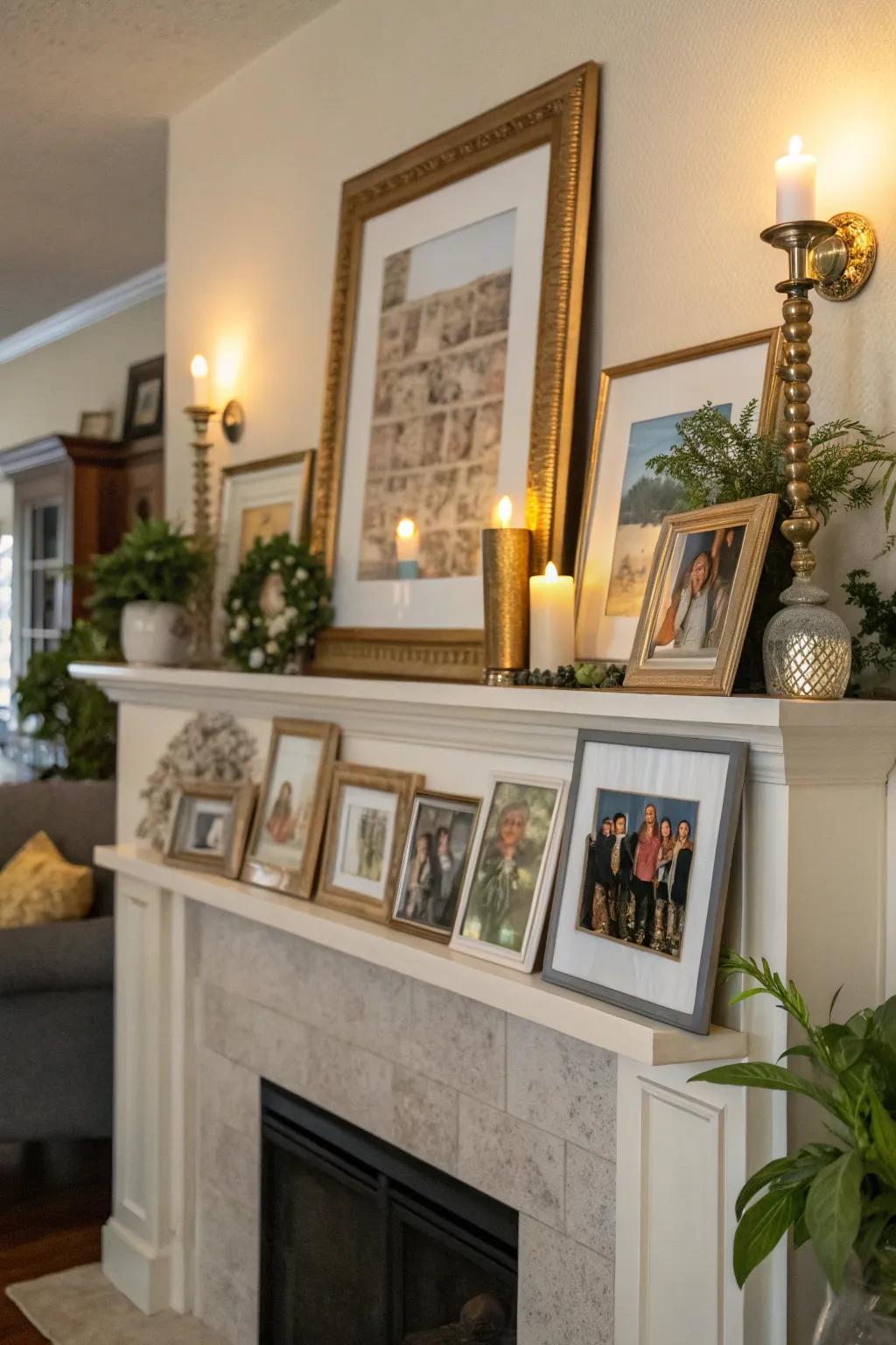 Overlapping frames create depth and texture on a mantel.