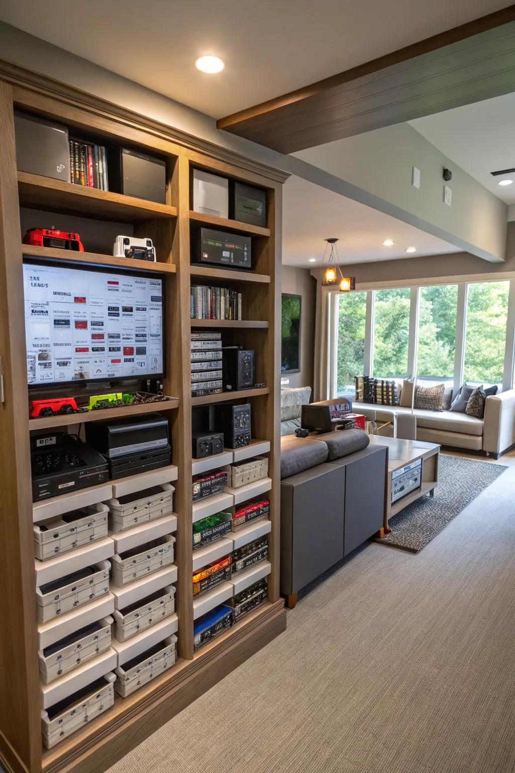 Creative storage solutions assist in maintaining a neat gaming space.