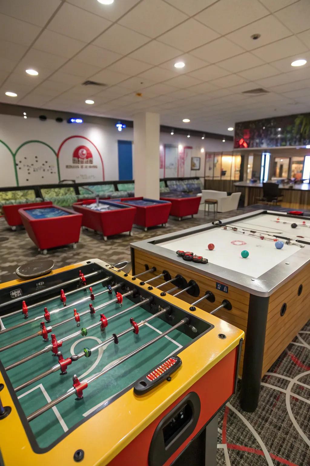 Social games like foosball and air hockey add excitement to the room.