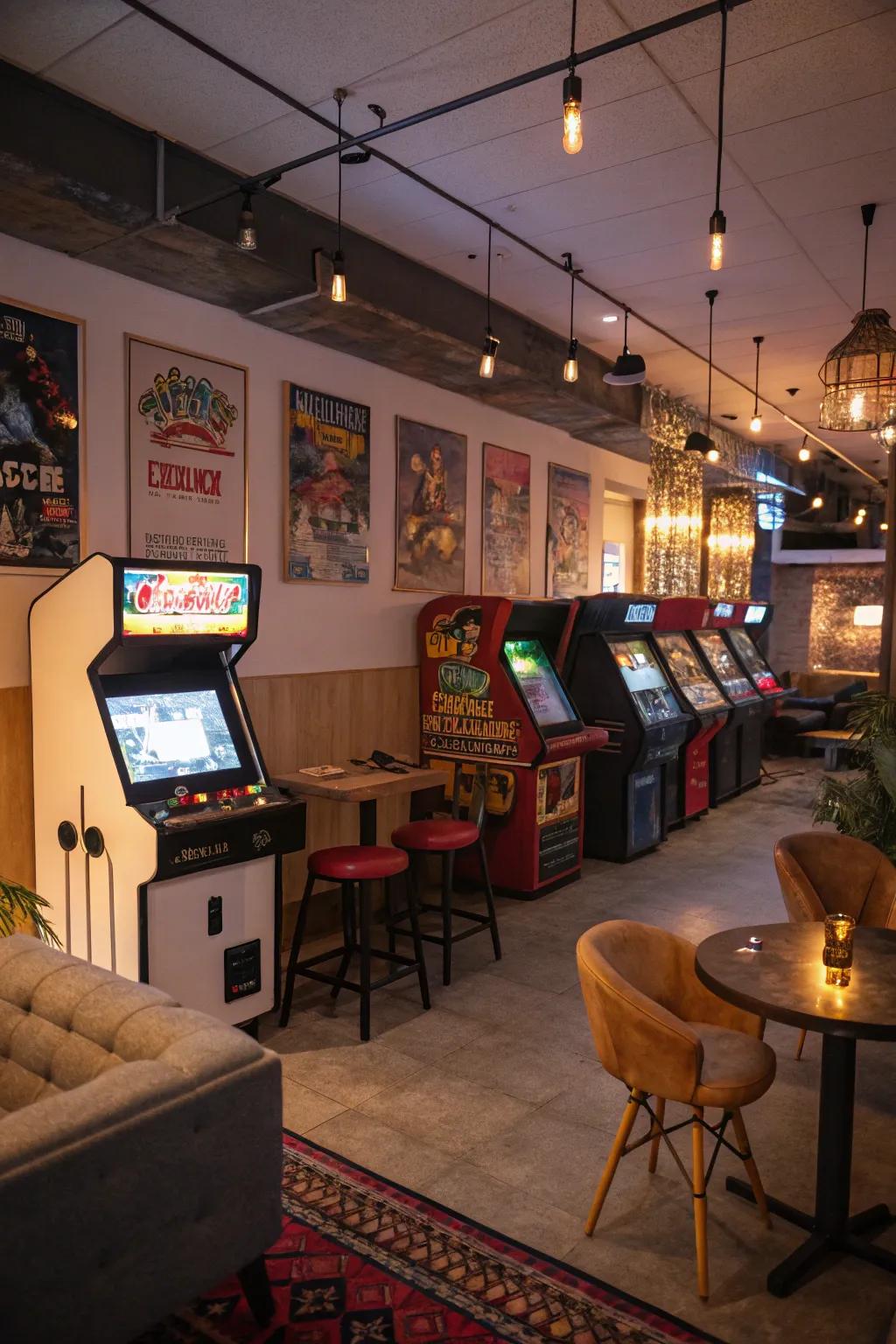 A vintage arcade corner that introduces nostalgia and amusement to the gaming area.