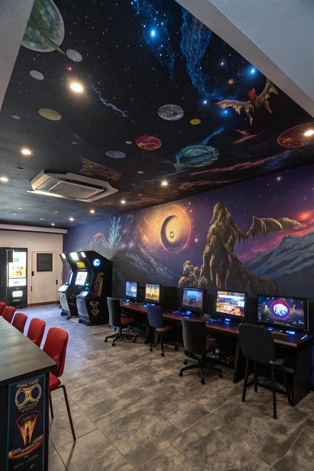 Ceiling murals personalize your gaming room with artistic flair.