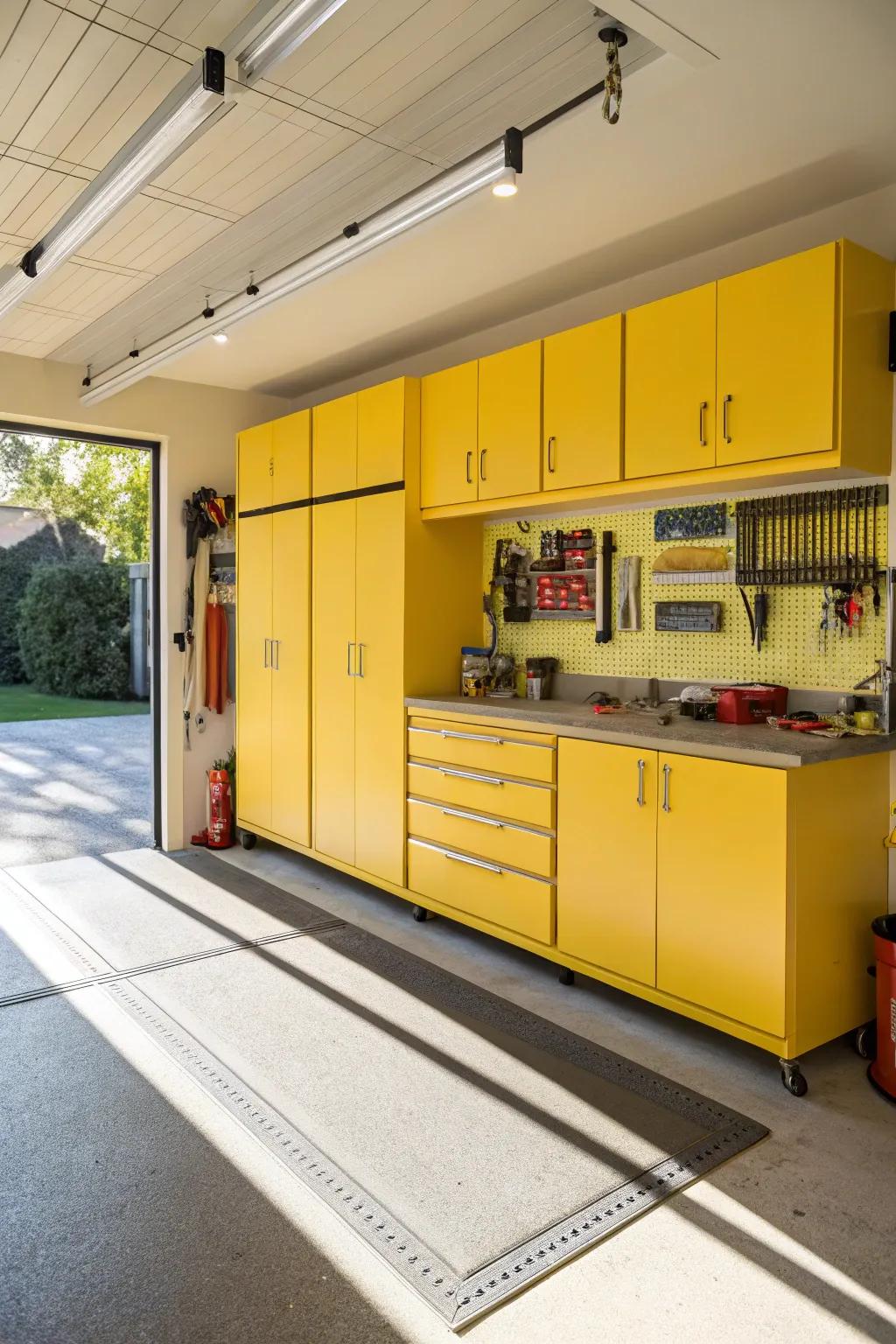 Bright gold cabinets infuse happiness and light into this garage.