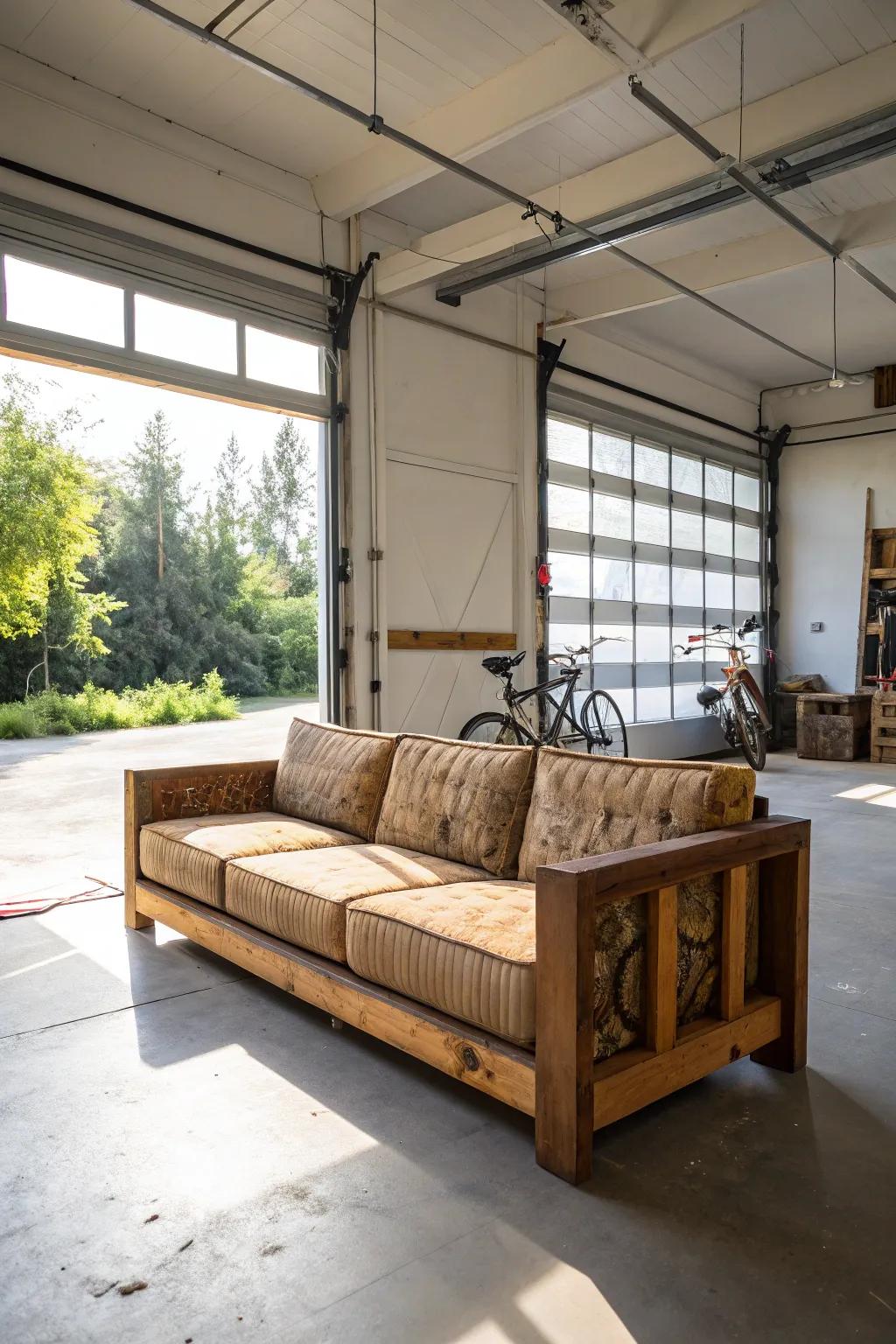An exterior-inspired divan conveys comfort and versatility to your garage.