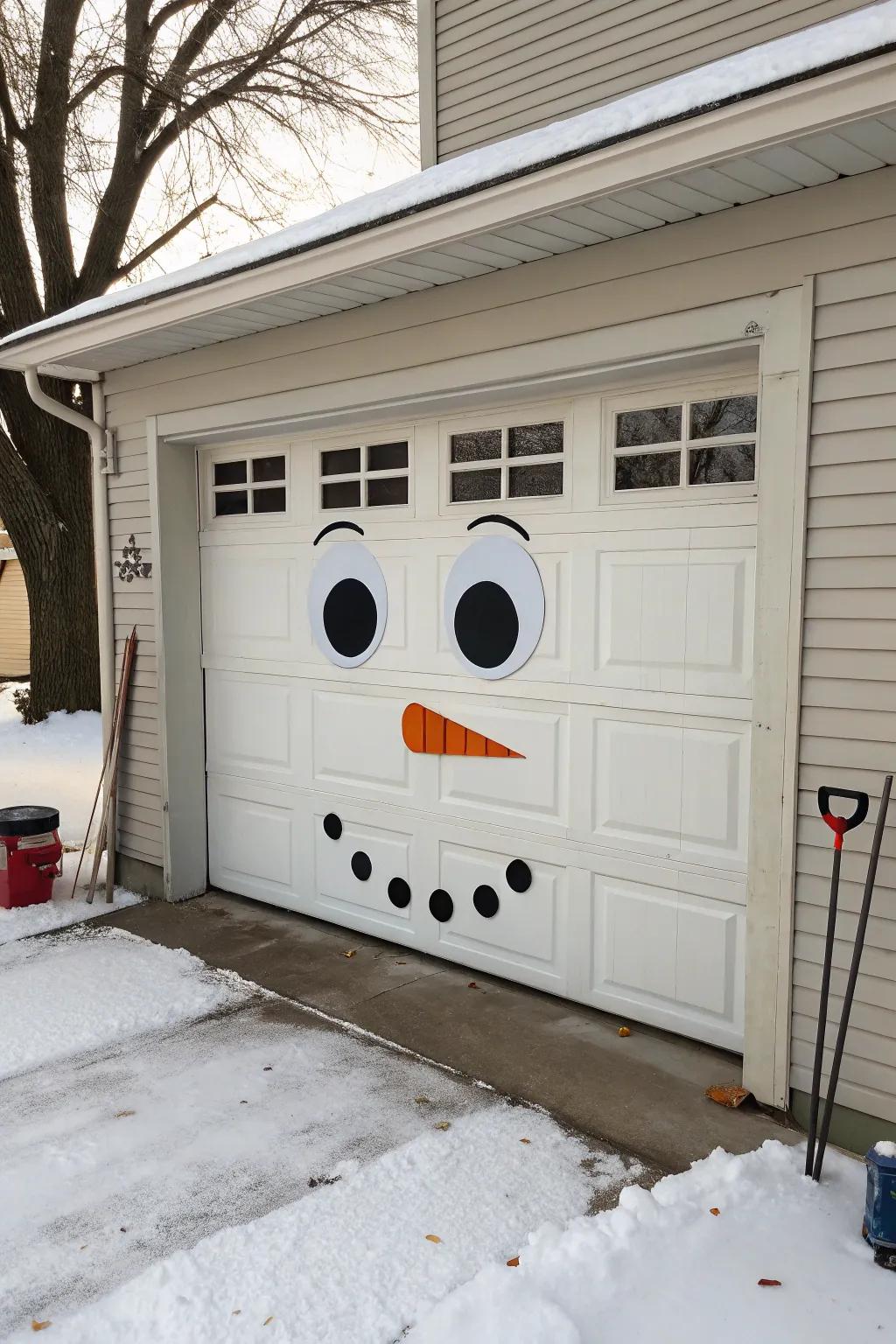 Garage door decorated as a snowman face with stickers.