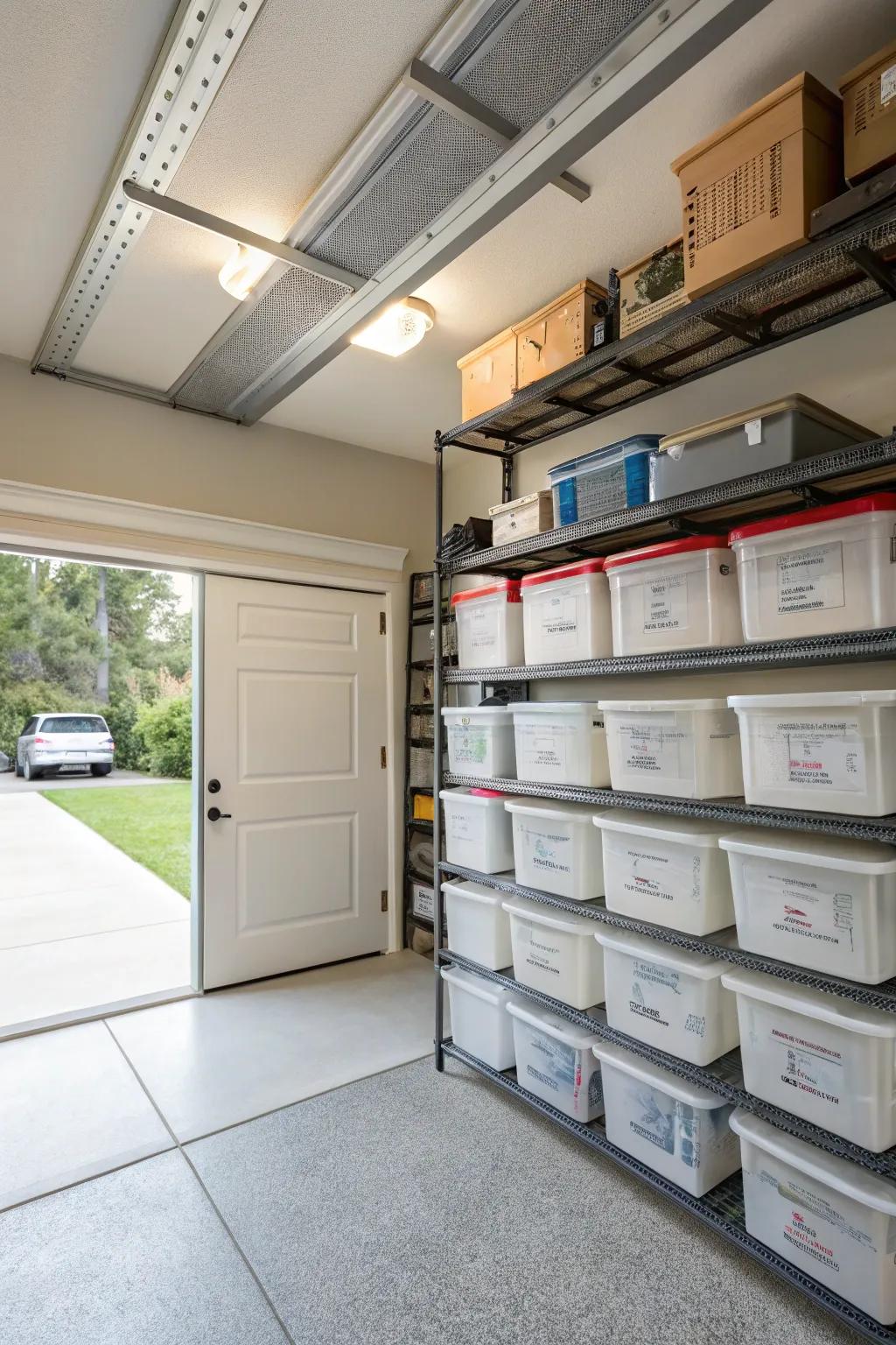 Overhead shelving maximizes vertical space for additional storage.