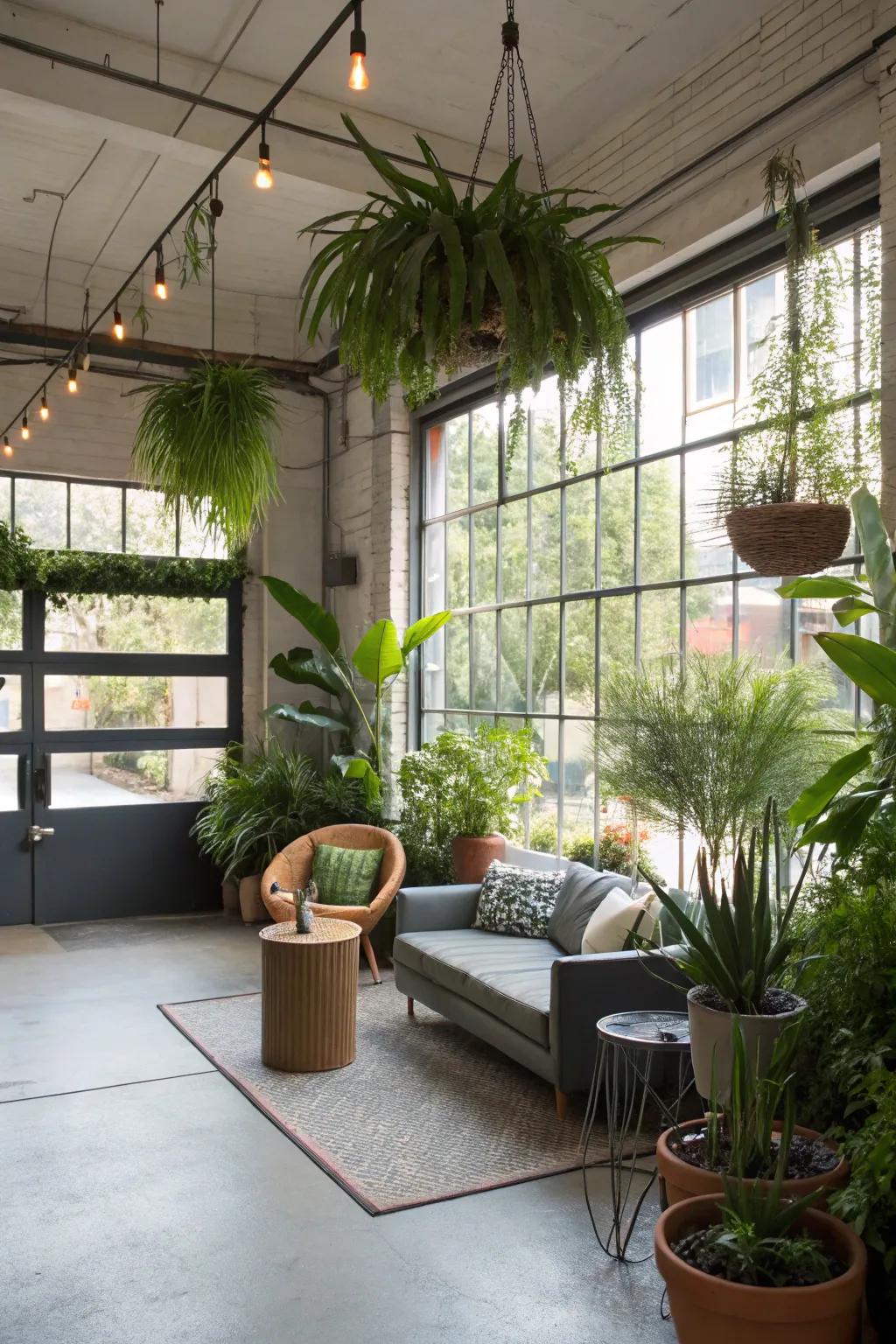 Plants bring a refreshing element to the garage setting.