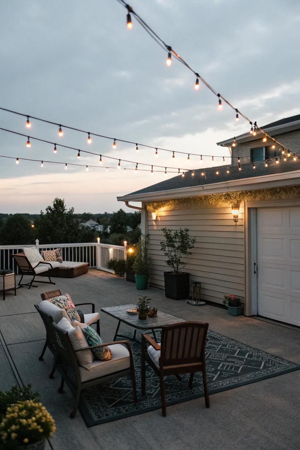 A chic rooftop deck transforms a garage into an entertainment haven.