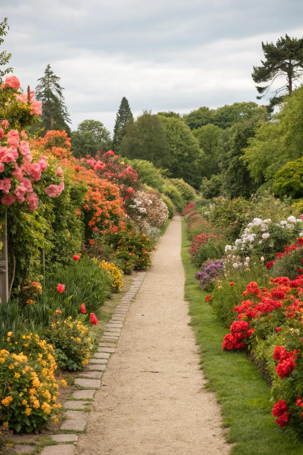 Vibrant floral borders contribute color and definition to garden paths.