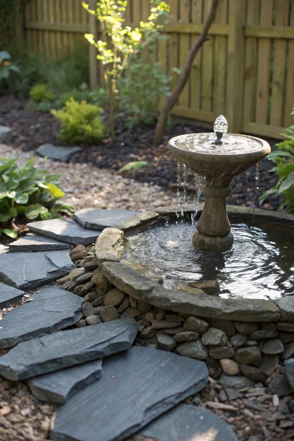 Elevate your garden through a serene water display framed by stone fragments.