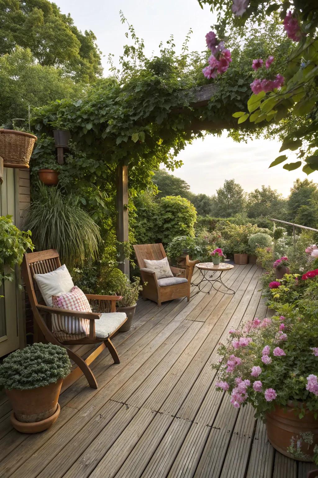 A peaceful garden deck with hardwood flooring and cozy chairs surrounded by abundant flora.