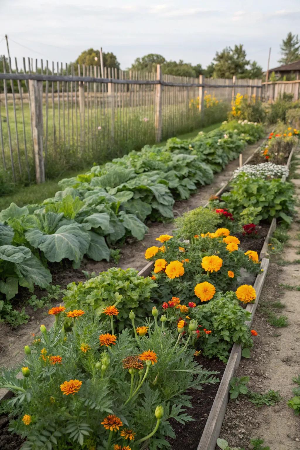 A garden plot featuring veggies and marigolds interwoven.