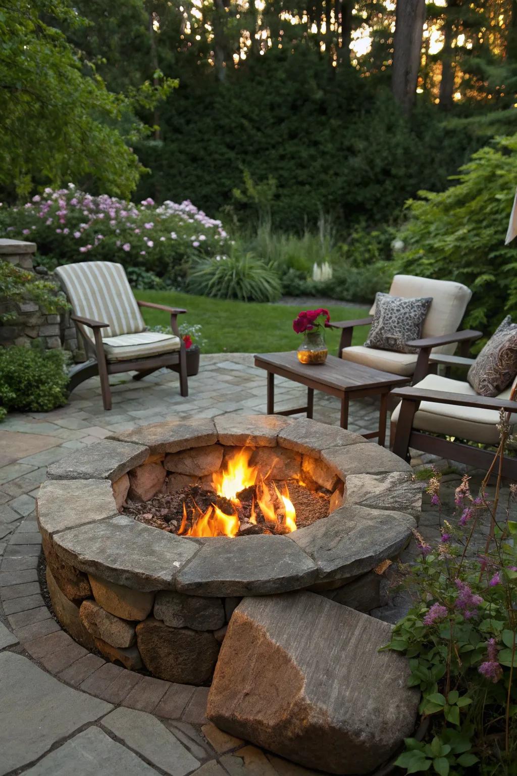 A cozy natural stone fire pit perfect for evening gatherings.