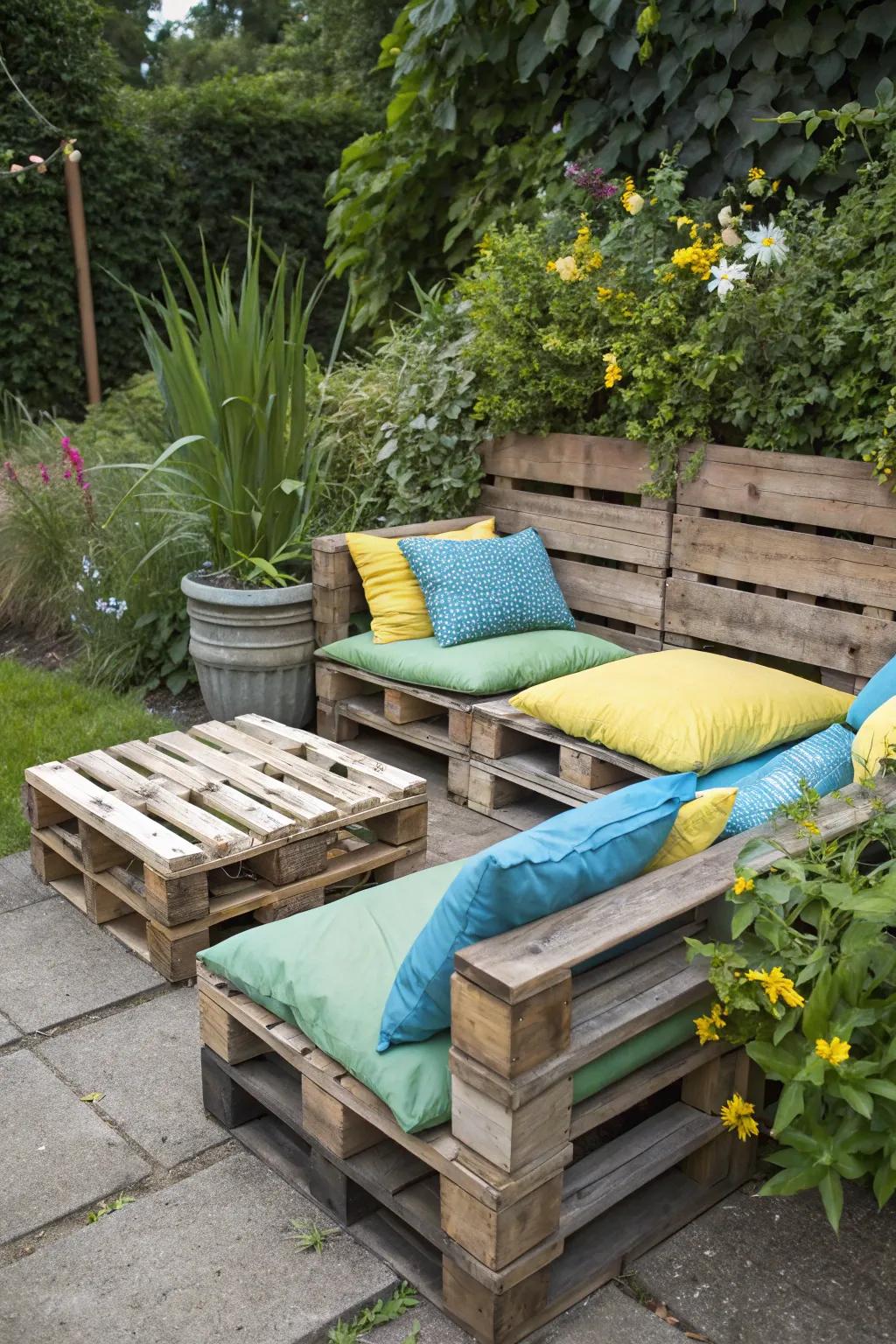 Seating made from wooden boards is a budget-friendly and stylish option.