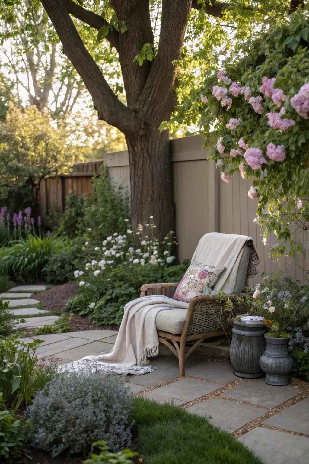 A cozy garden nook, complete with a tree that serves as a serene backdrop.