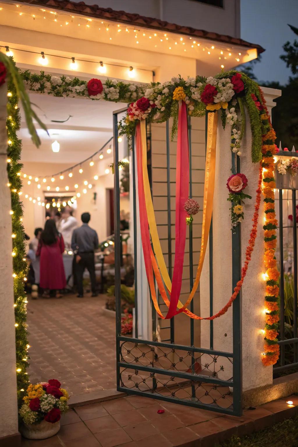 A gate dressed in festive flourishes.