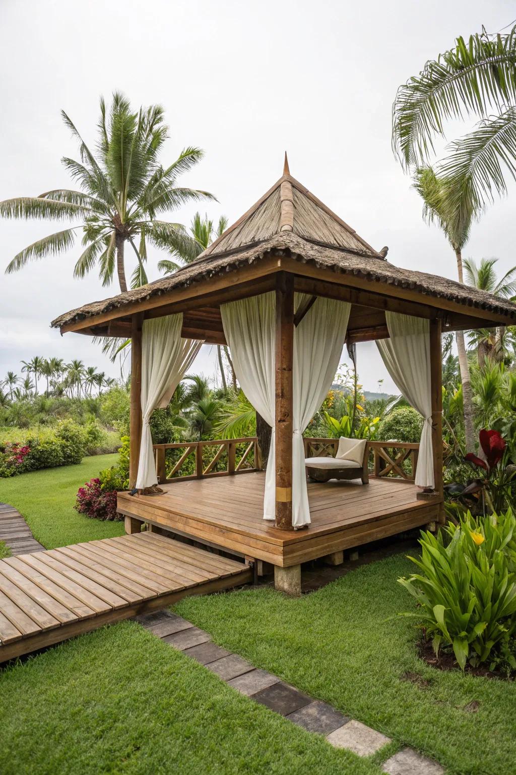 Bamboo flooring adds an exotic flair and eco-friendly charm to any gazebo.