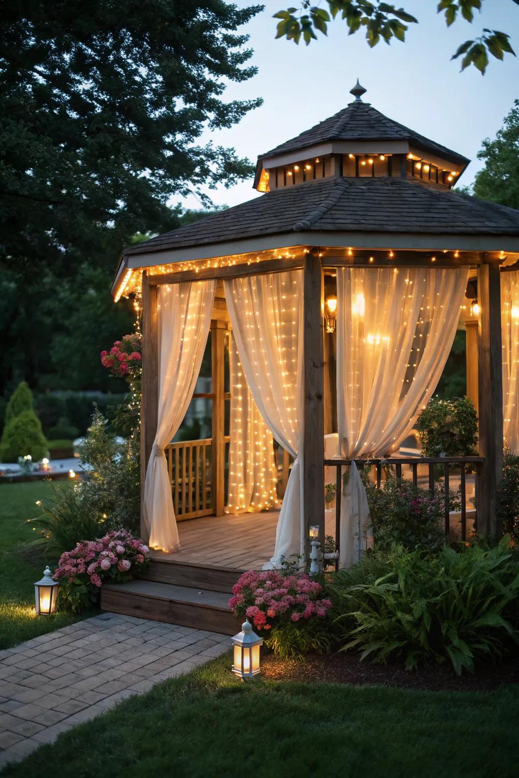 Sheer drapes and lights fashion a cozy, luxurious gazebo space.