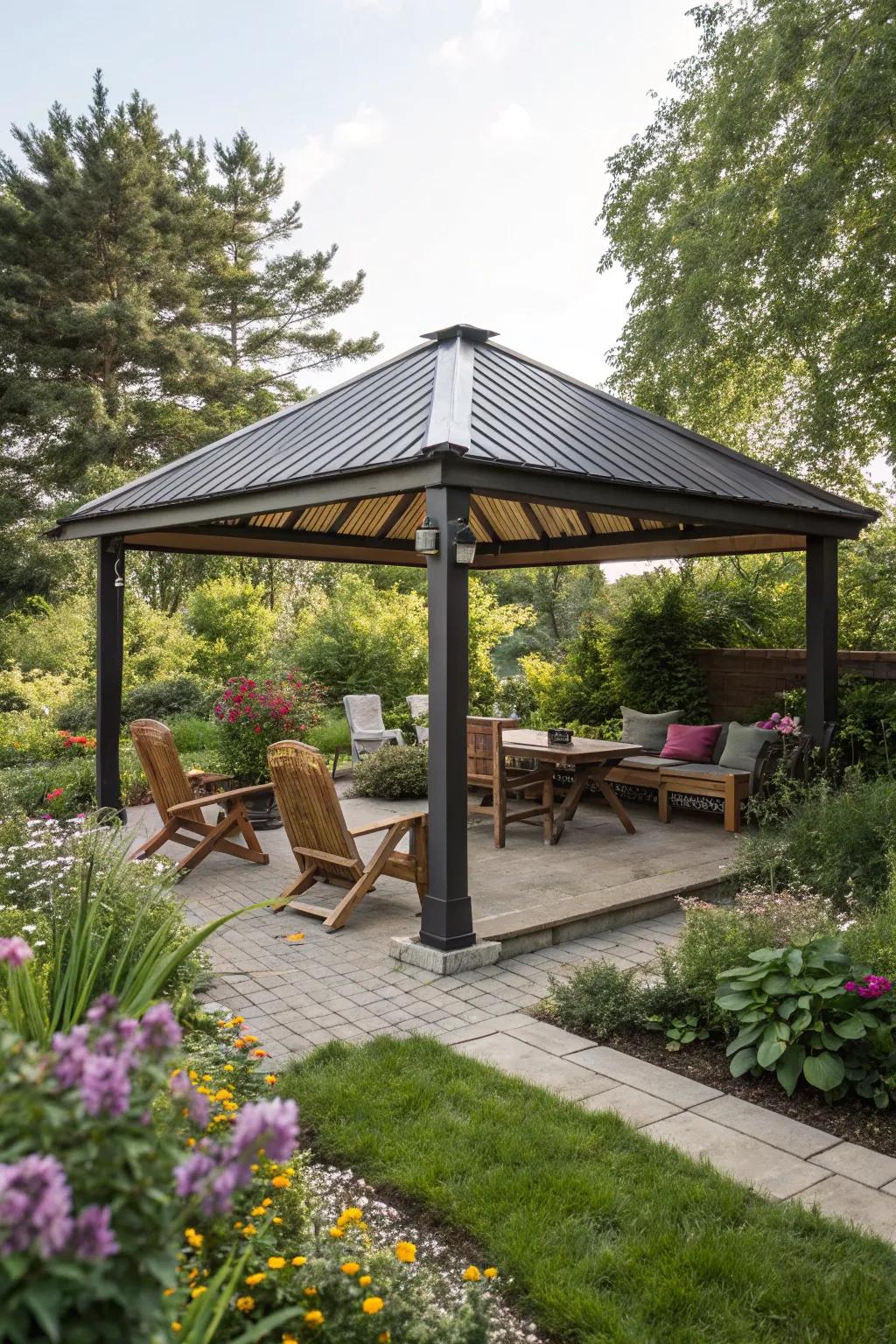 A gazebo with a louvered roof, offering adaptable shade and sunlight.