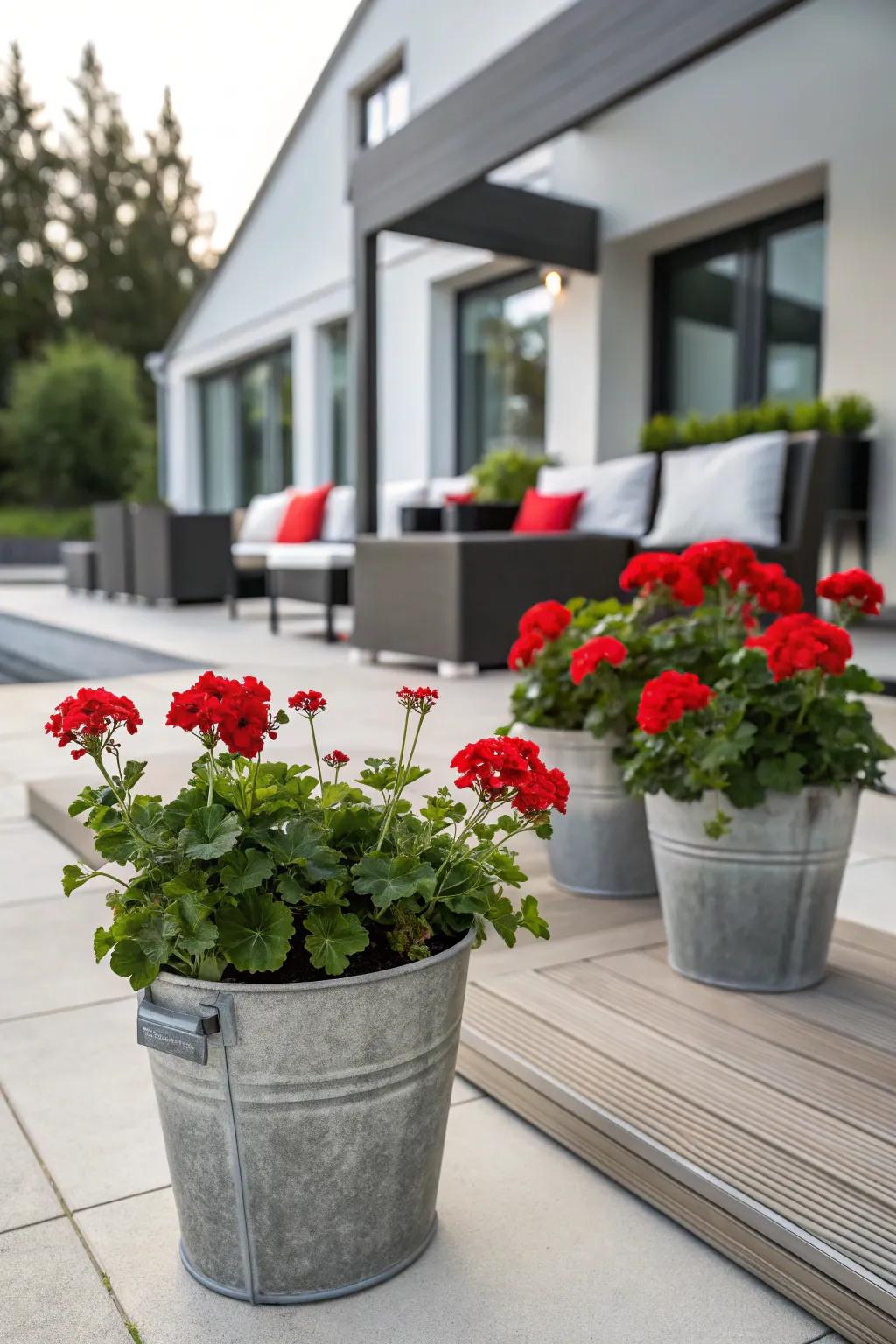 Fashionable metal pails serving as elegant homes for vibrant red sunbeam blooms.