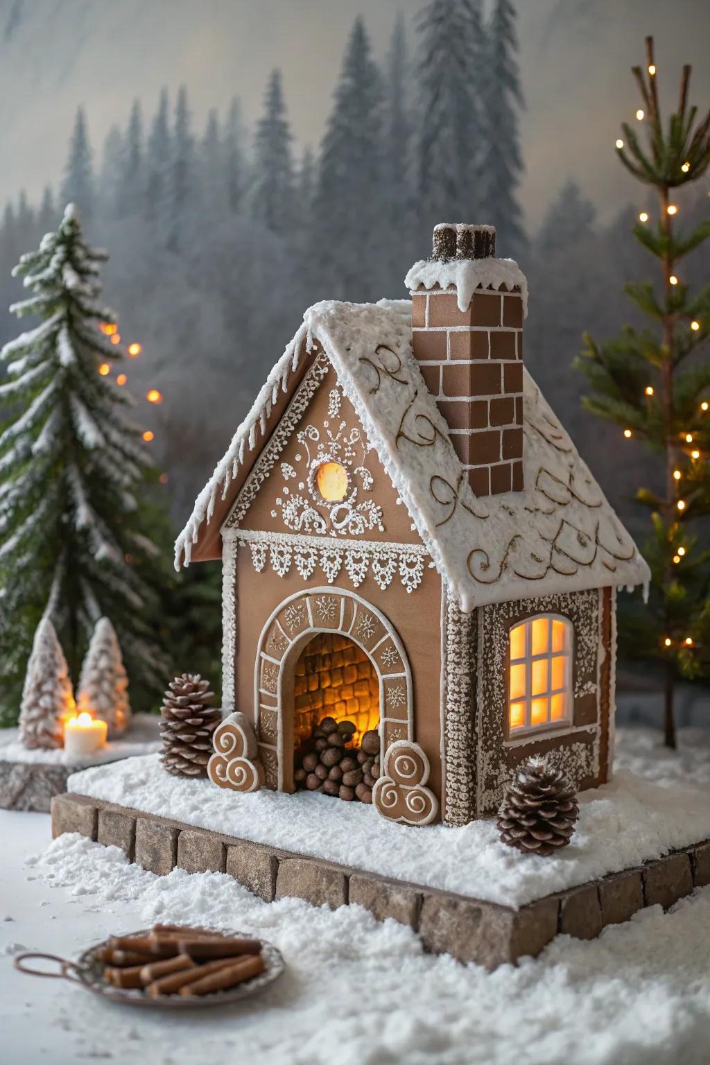 An inviting cacao boulder hearth imparts warmth to the sweetbread cottage.