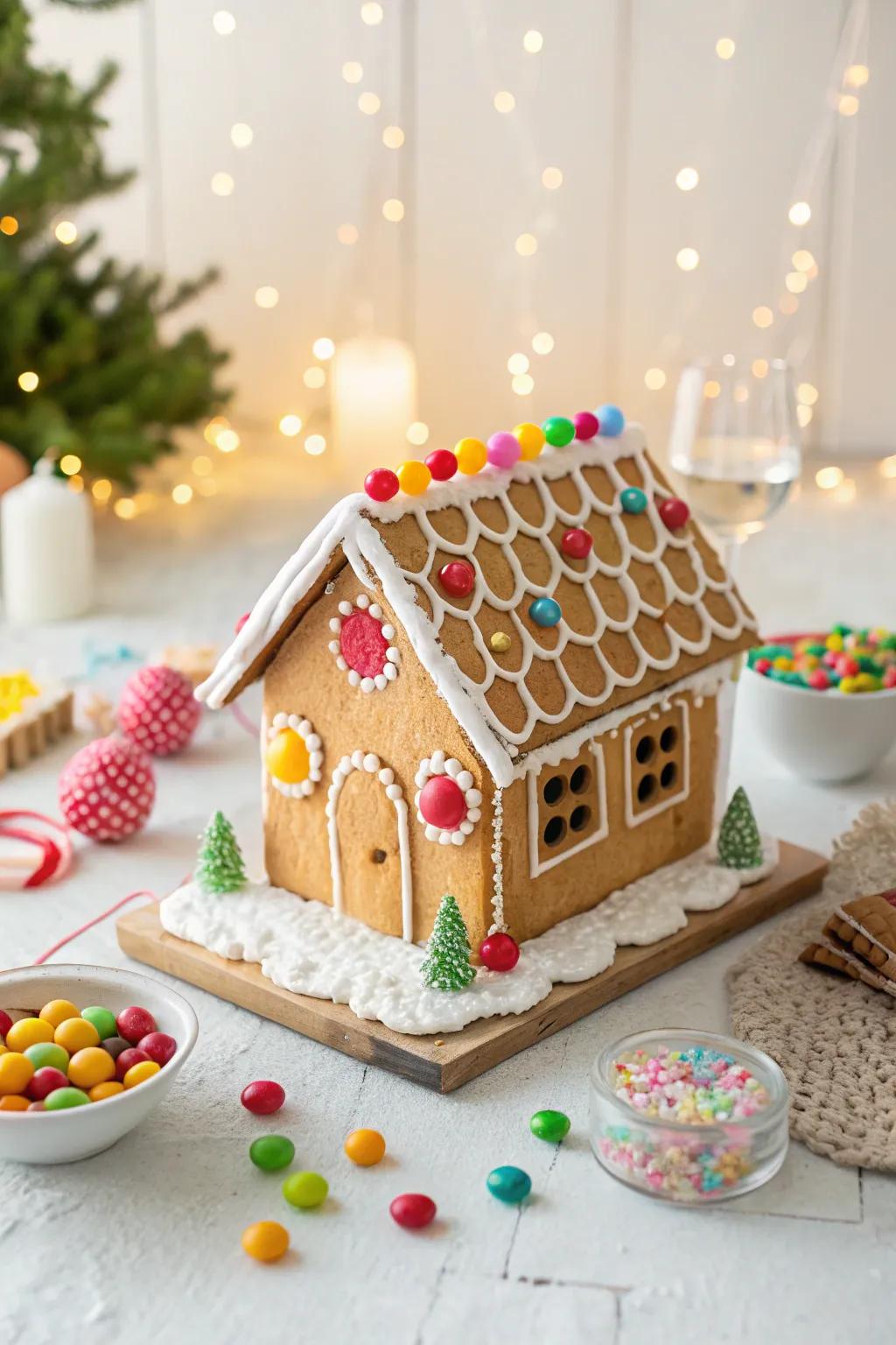 A gingerbread rooftop adorned with chromatic sweet slabs.