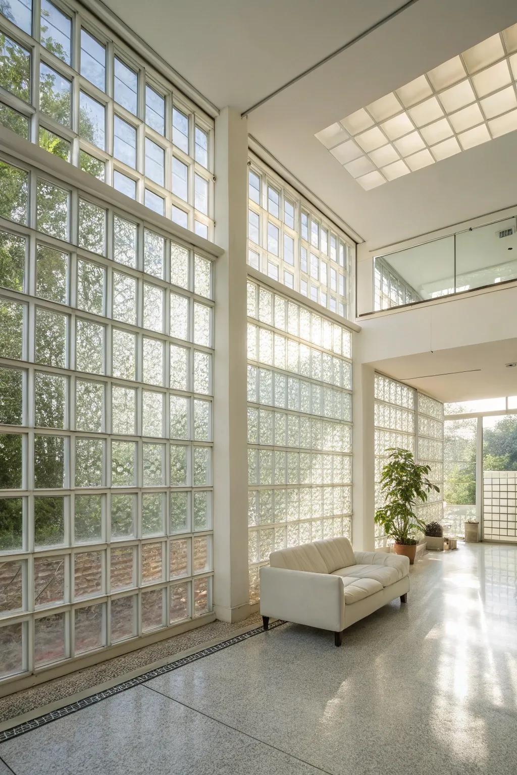 A bright interior space with glass block walls, maximizing the flow of natural light.