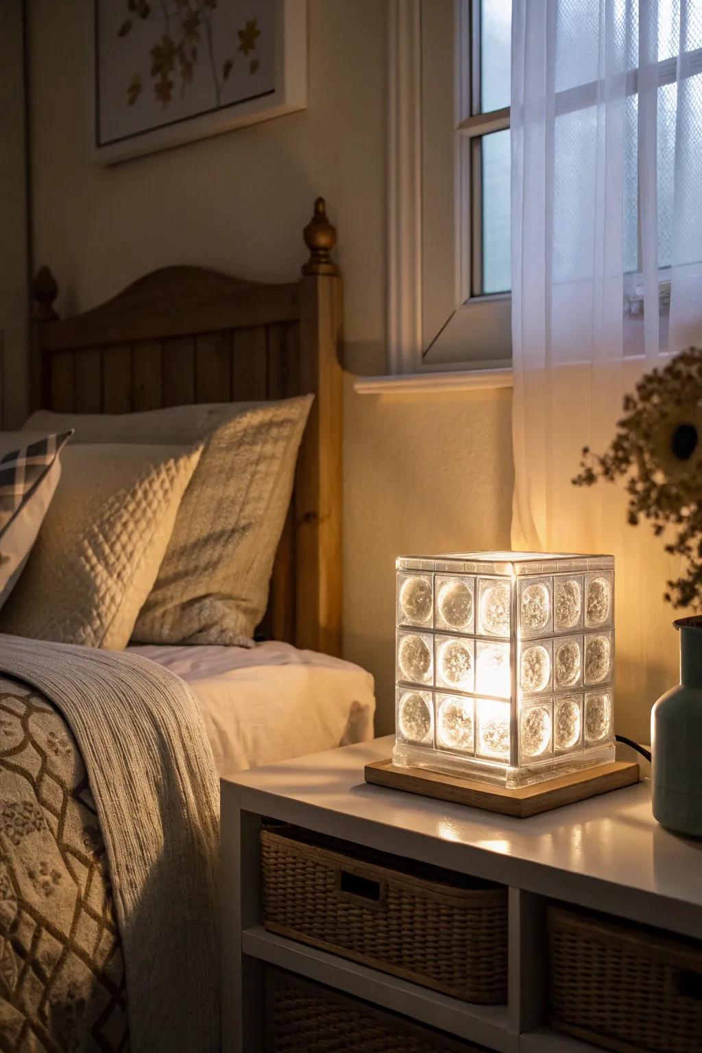A bespoke glass tile night light that adds warmth to a bedroom.
