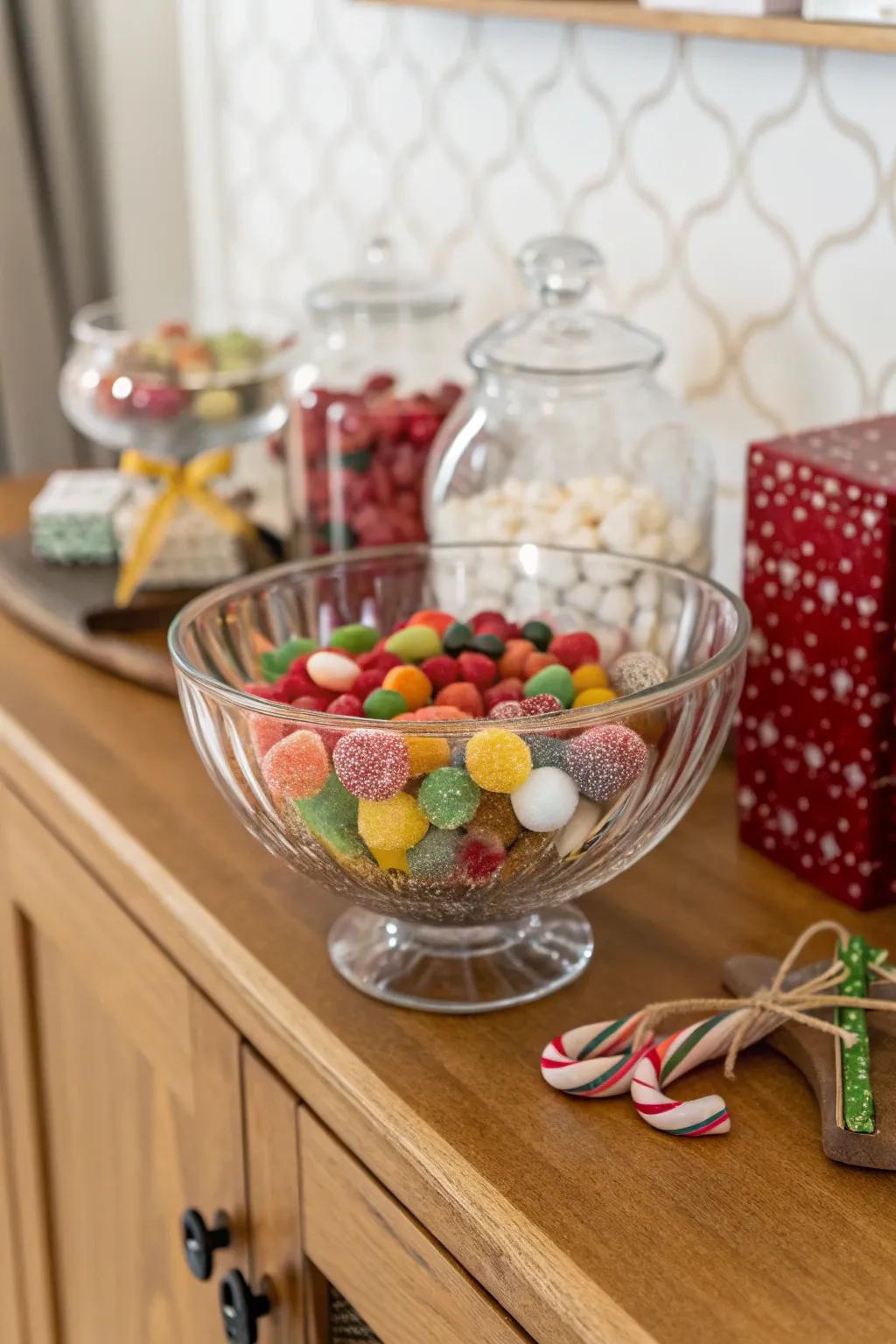 An elegant clear bowl overflowing with sweets and decorative accents.