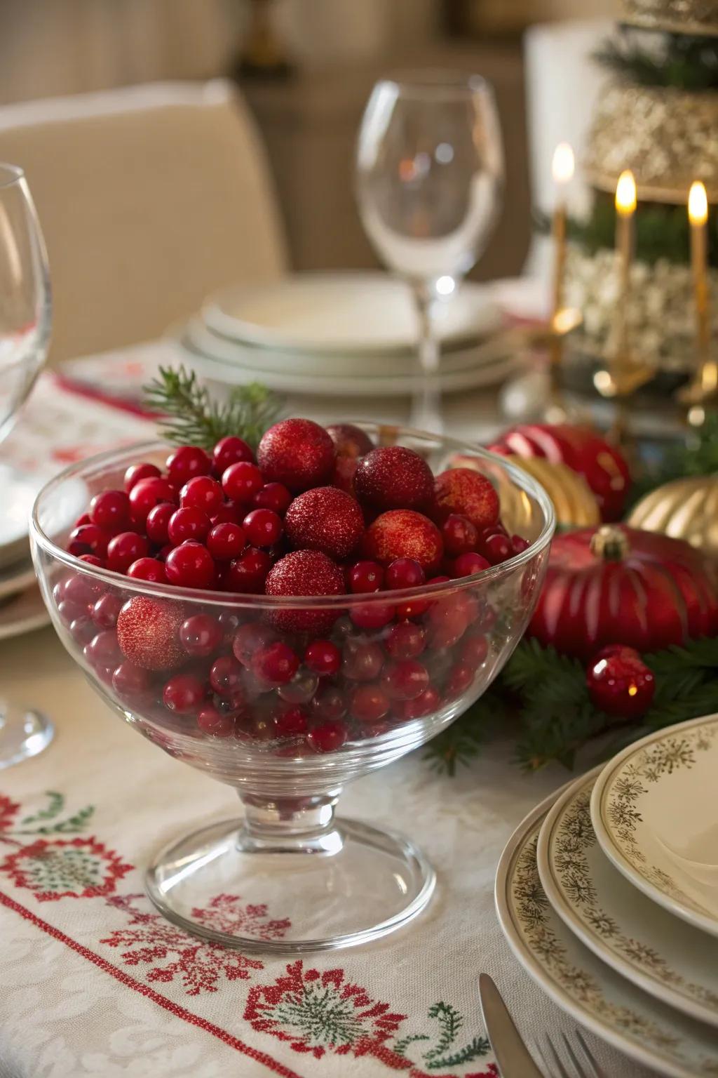 A classic berry and bauble blend in a glass bowl.