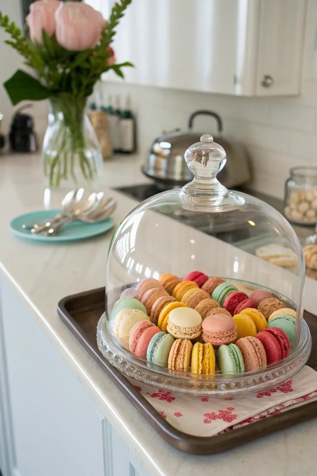 A selection of French macaroons exhibited elegantly beneath a glass cover.