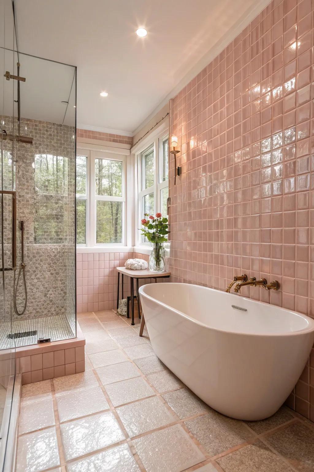 Glossy glass squares in gentle hues fashion a spa-like restroom retreat.