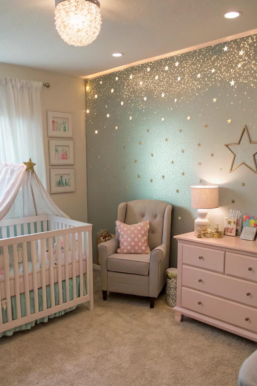A shimmering feature wall adds wonder to a nursery.