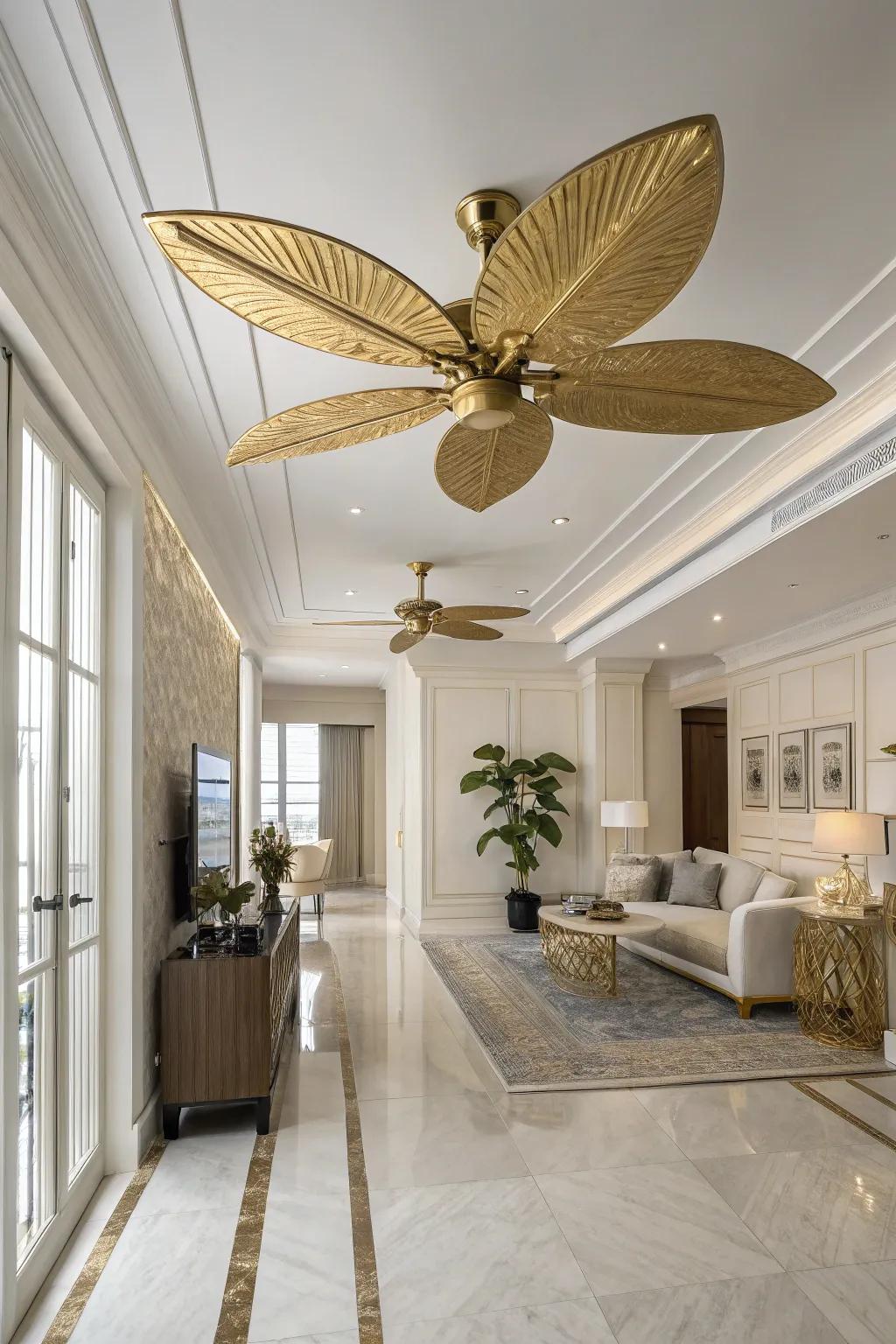 Transform your ceiling fan into a captivating subject of conversation with <strong><em>gold leaf</em></strong>.” loading=”lazy” class=”pimg”>
	</picture><figcaption>Transform your ceiling fan into a captivating subject of conversation with <strong><em>gold leaf</em></strong>.</figcaption></figure>
<p>For an unexpected flair, contemplate incorporating <strong><em>gold leaf</em></strong> onto your ceiling fan blades. It’s an astonishing element that commands focus each time the fan rotates.</p>
<h3>You might give these a try:</h3>
<ul class=
