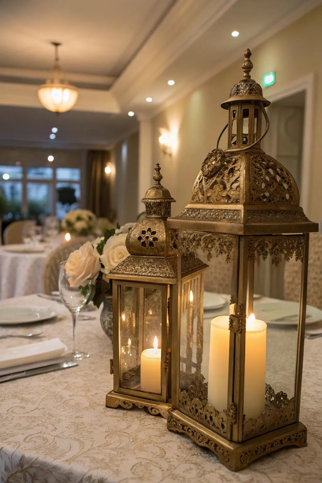 Timeless vintage gold lanterns for a cozy atmosphere.