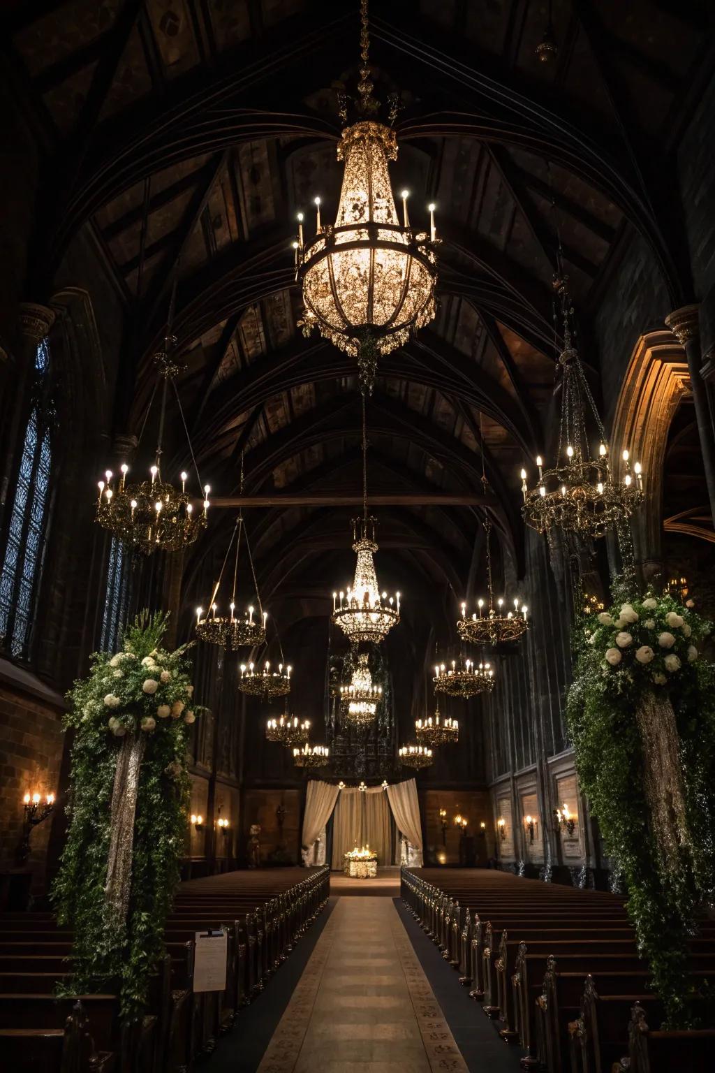 A gothic wedding venue featuring chandeliers and subdued illumination.