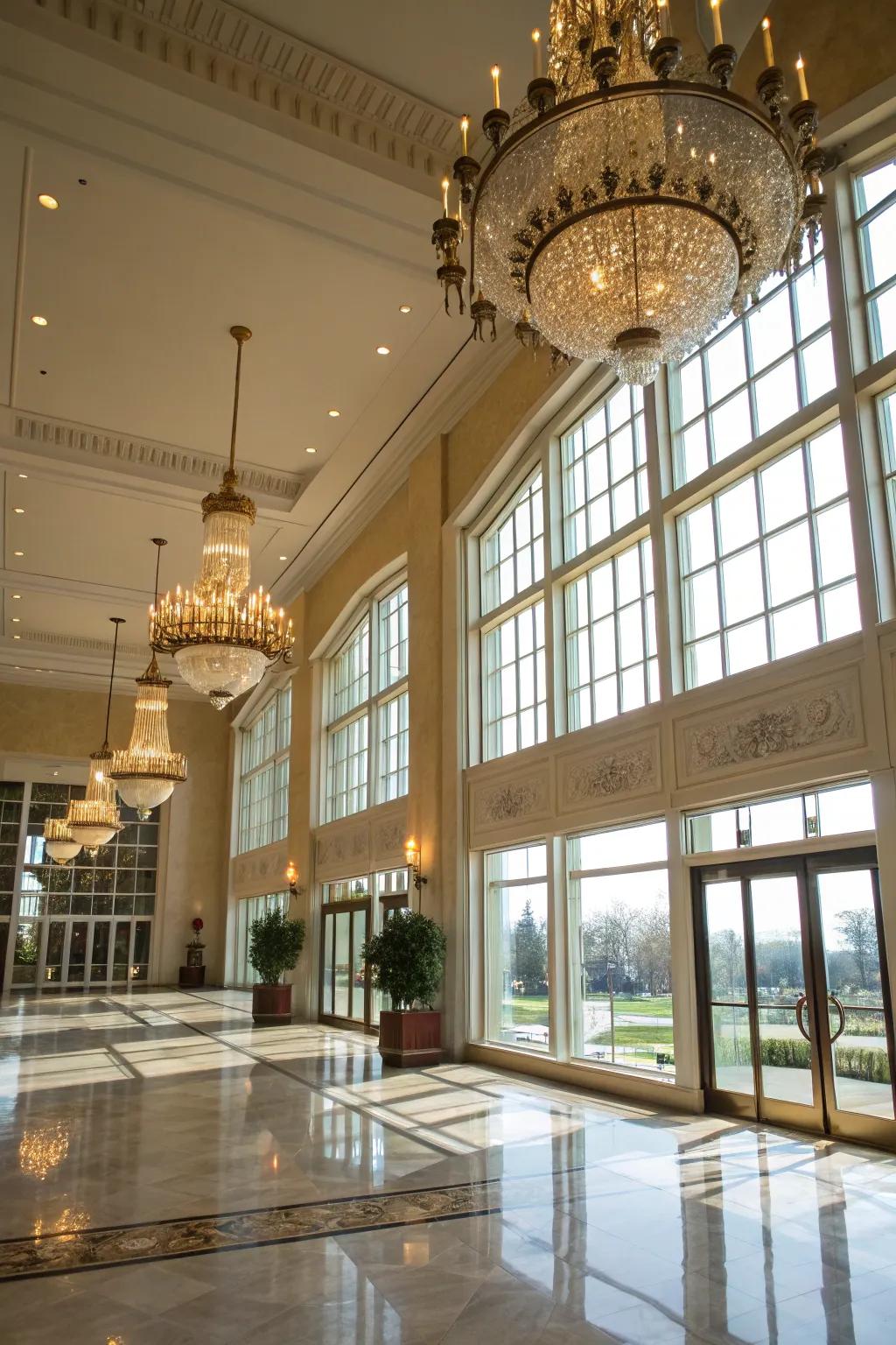 A well-lit grand entrance hall with a combination of natural and artificial lighting.