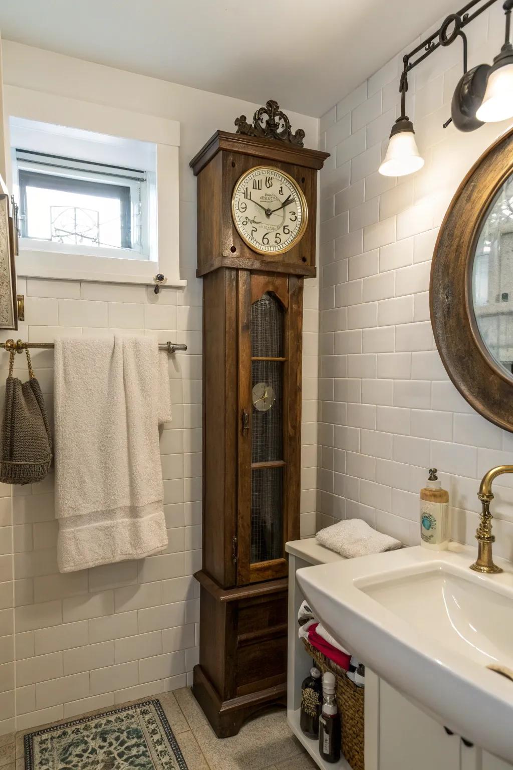 A bathroom pendulum timepiece offers a surprising and pleasant towel holding option.