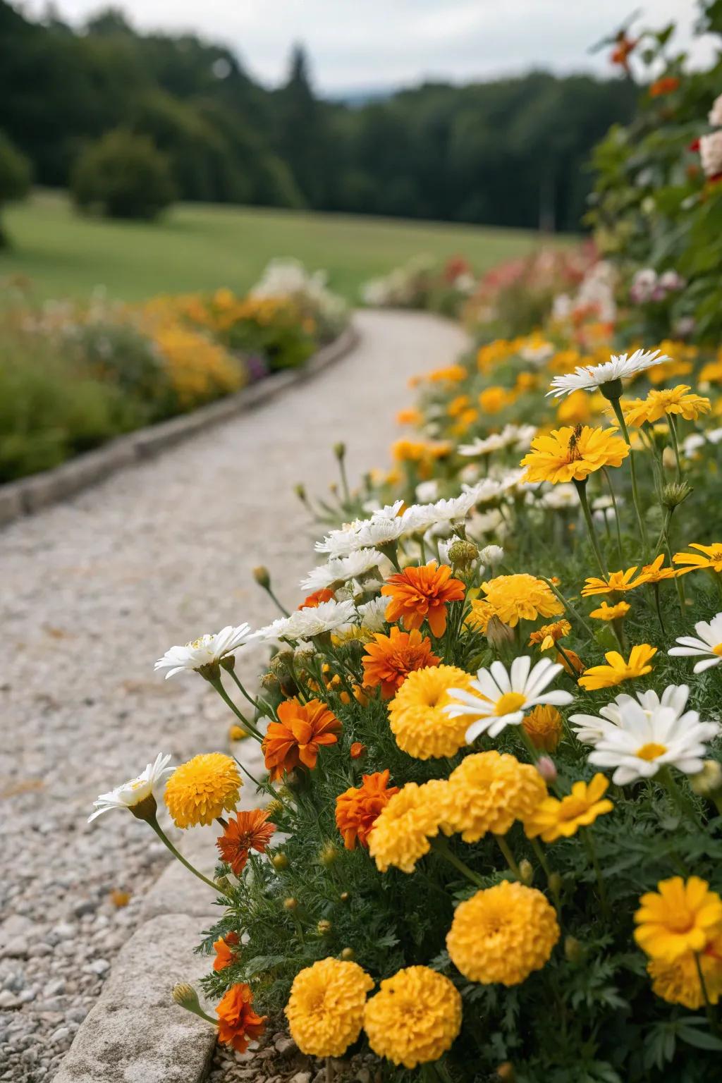 A vivid blend of flowers inside a stone flower garden