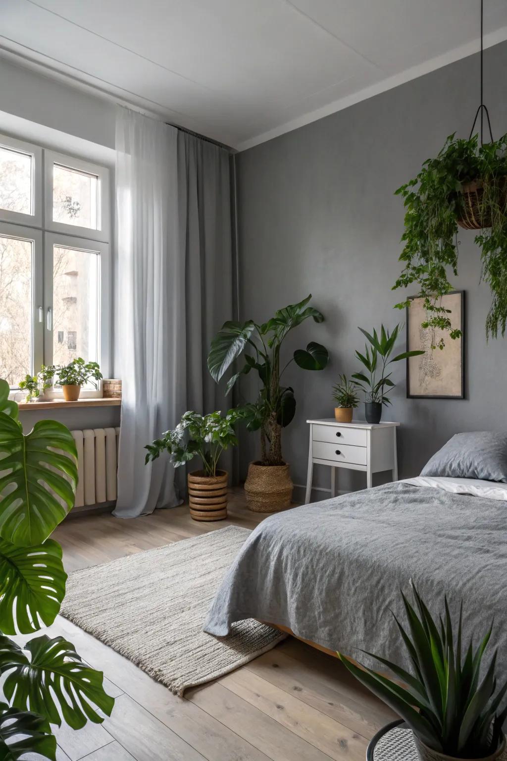 A tranquil gray bedroom showcasing lush green plants.