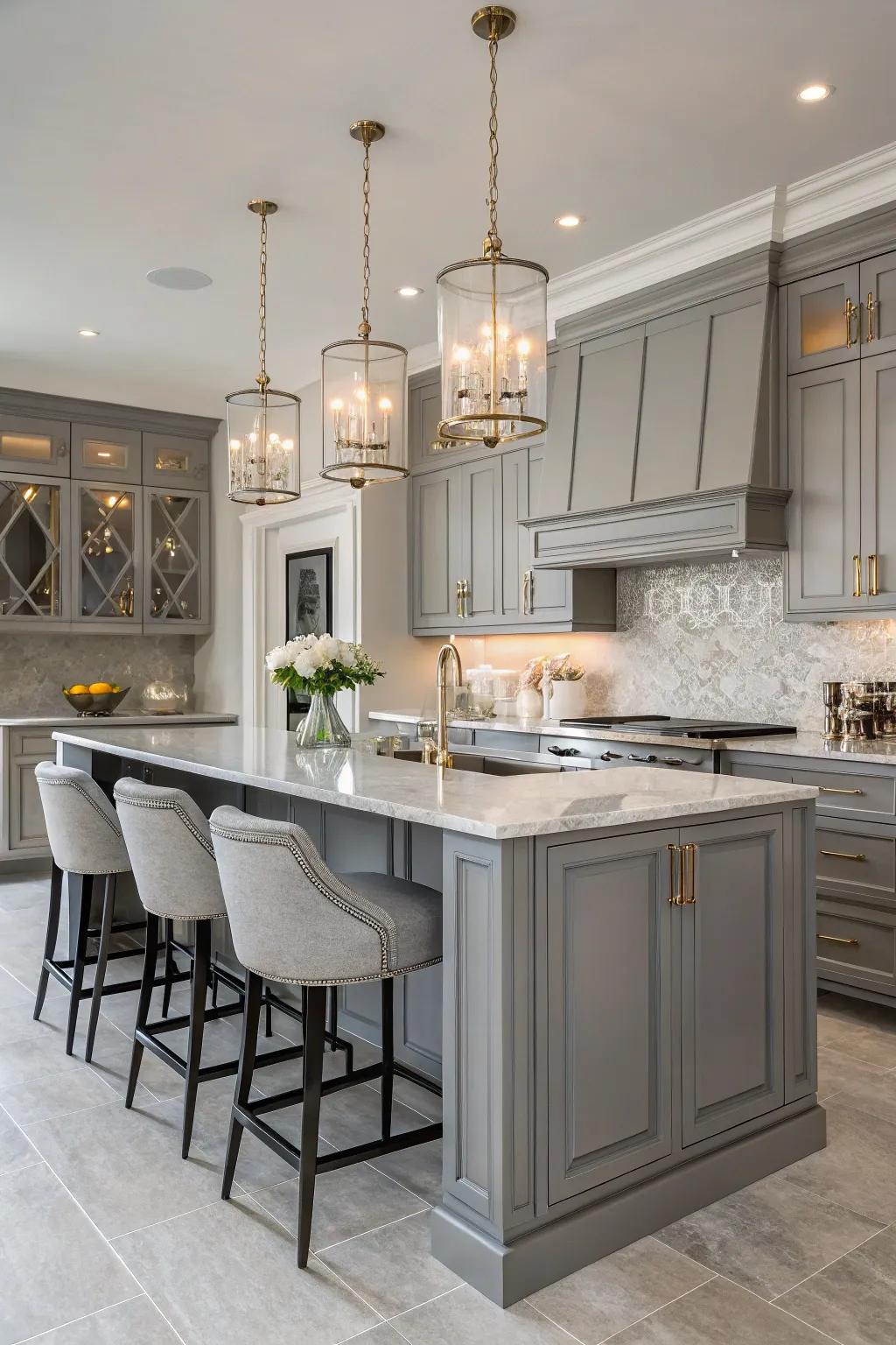 Chic pendant lighting amplifying the sophistication of gray cabinets.