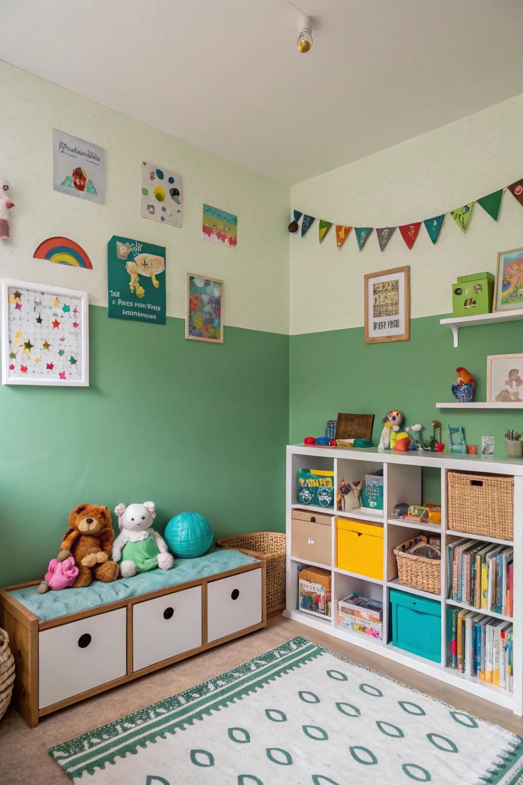 A two-toned green wall adds playfulness to this children's space.
