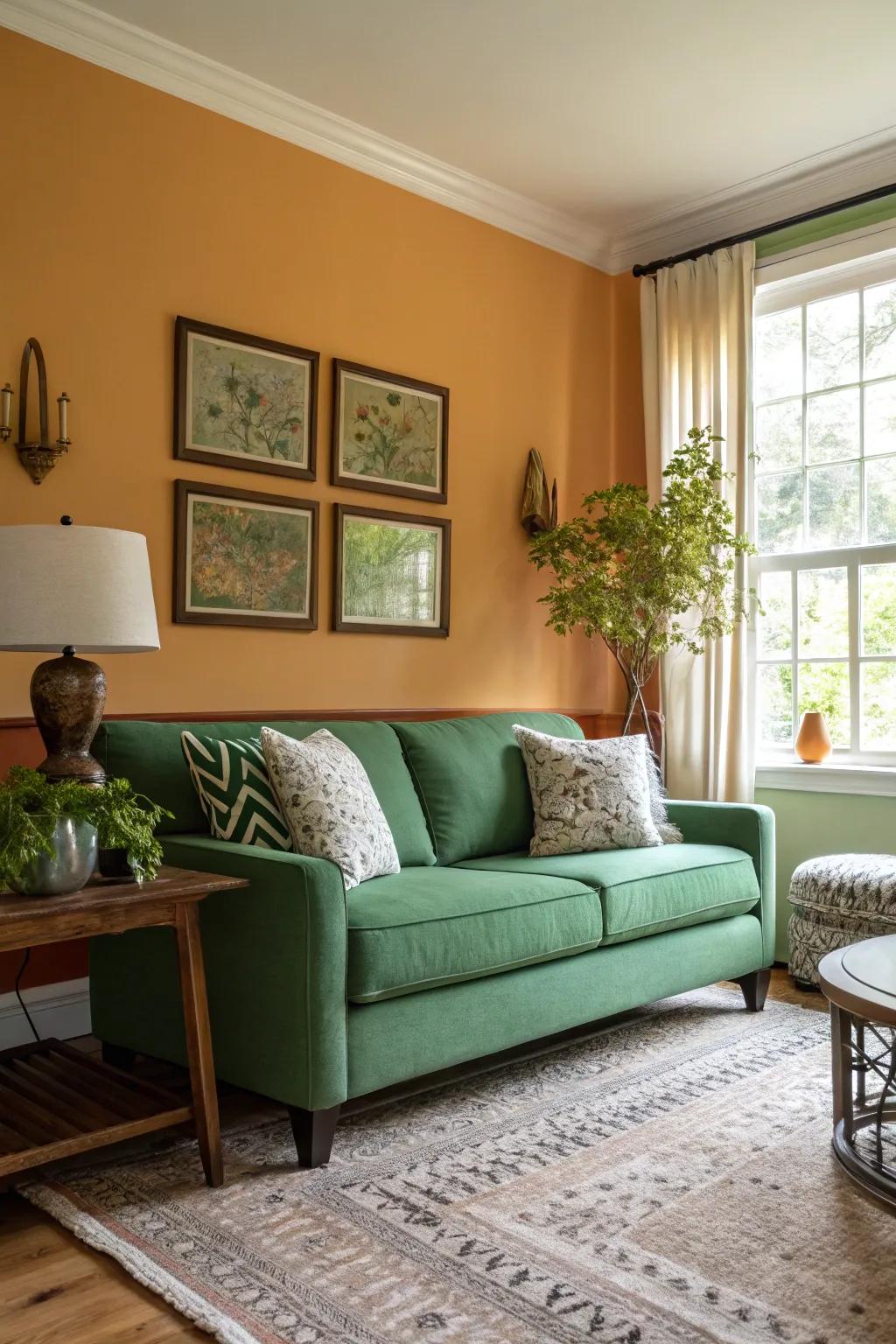 An emphasized wall can exquisitely showcase a verdant couch, amplifying the depth of the room.