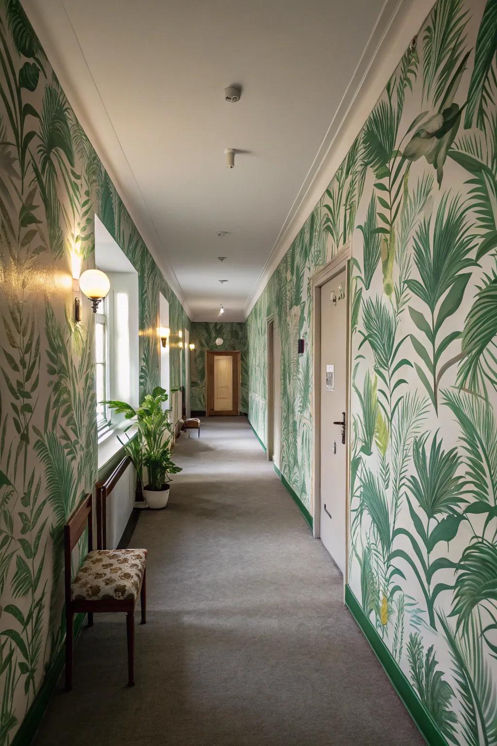 Green botanical wallpaper adds texture and interest.