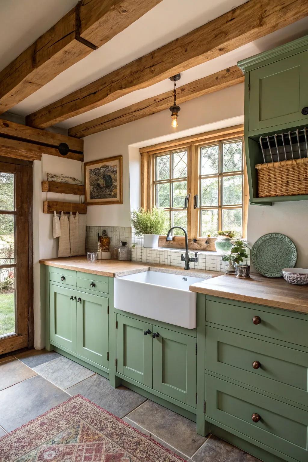 Green cabinets paired with farmhouse elements create a cozy kitchen.