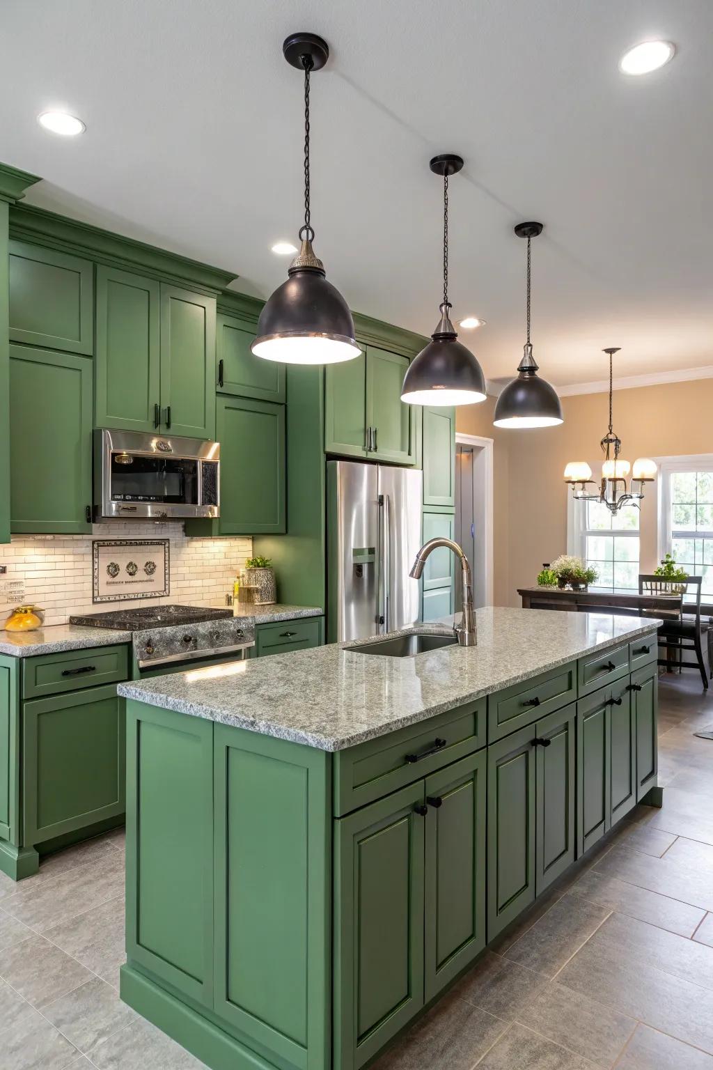 Stylish hanging lighting introduces a modern flair to a green kitchen.
