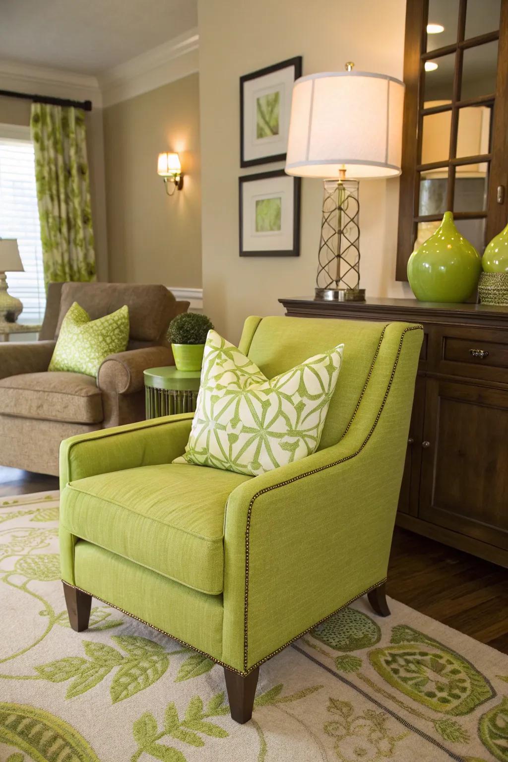 Lime green accents add a playful pop to your decor.