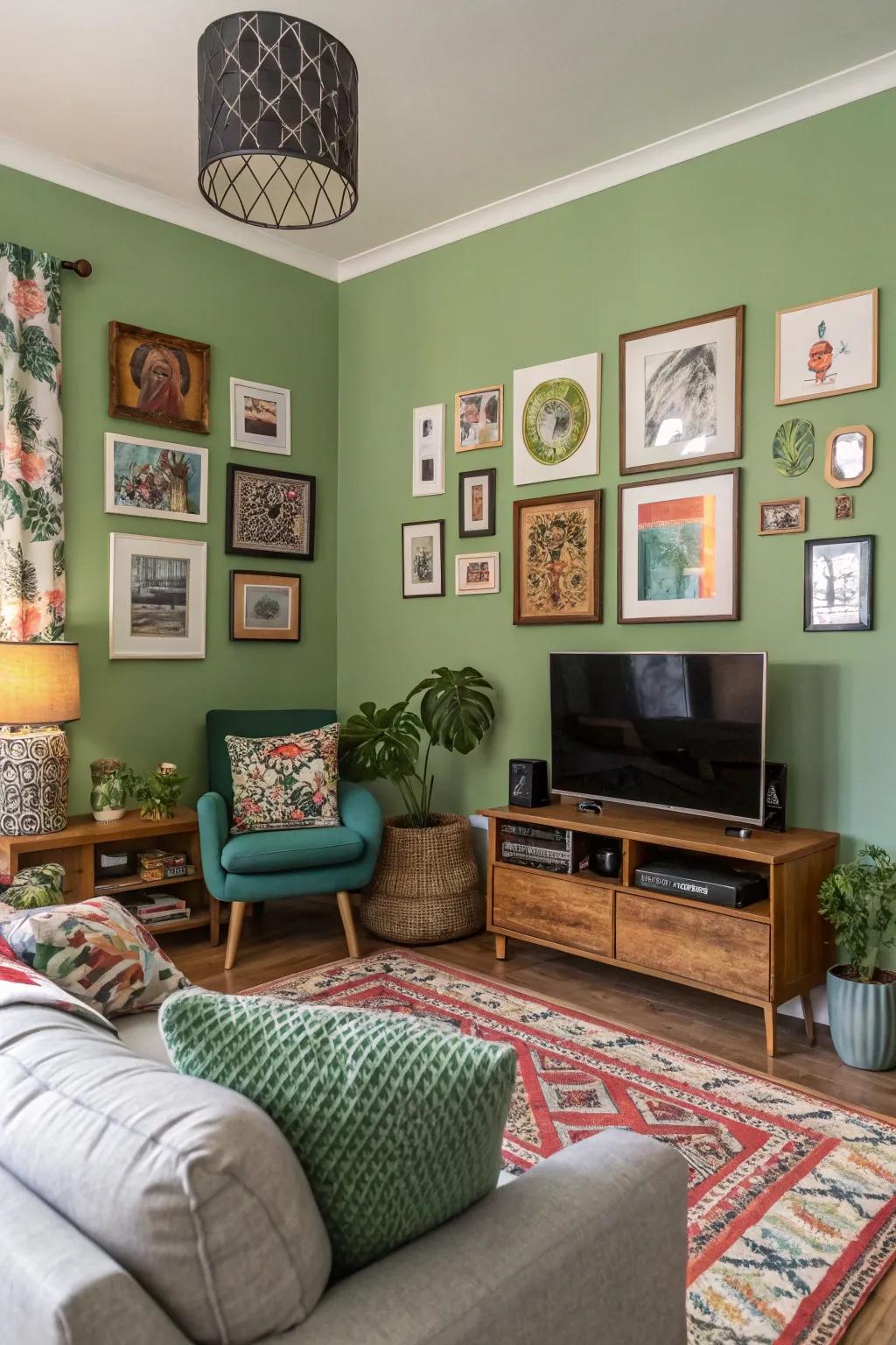 Varied wall art contributes personality and focus to green walls.