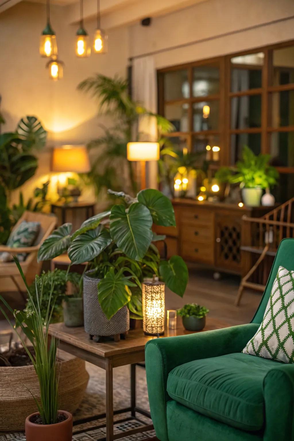 Soft lighting wonderfully emphasizes the green décor.