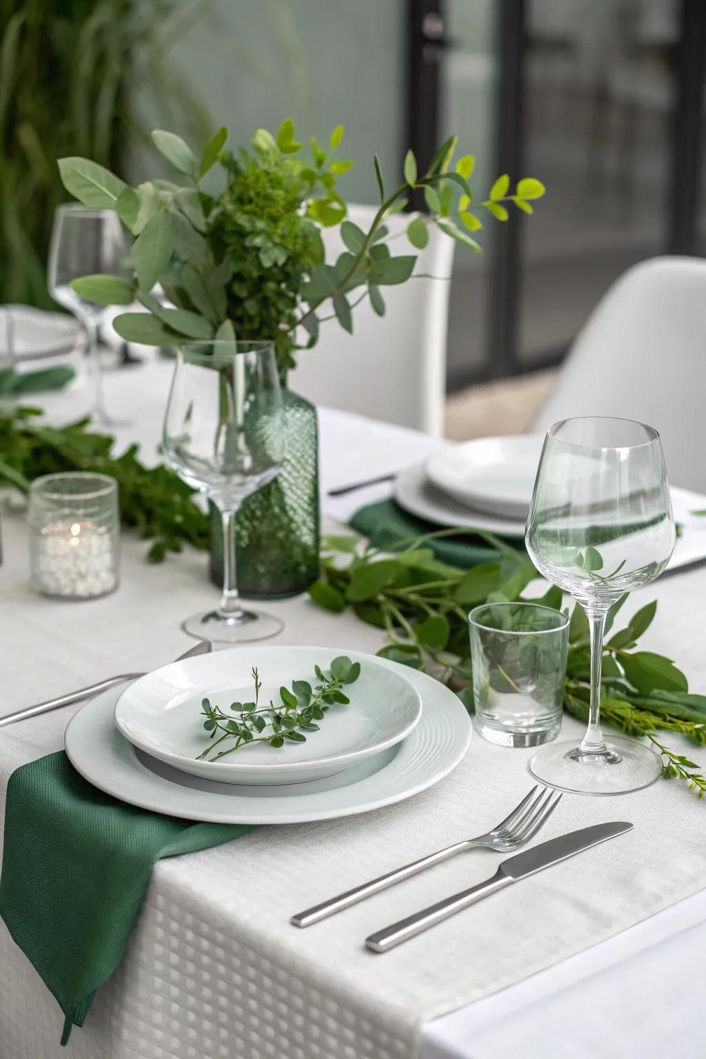 Simple table setting featuring strategic emerald embellishments.