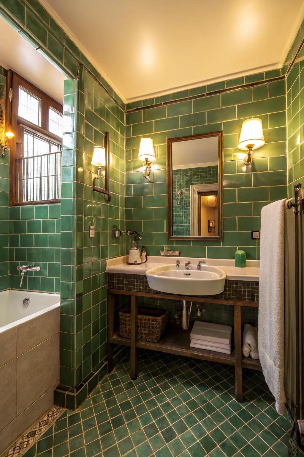 Lighting enhances the innate charm of green tiles.